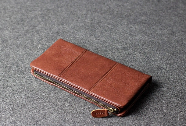 Handmade leather men clutch brown vintage zip clutch men long wallet purse clutch