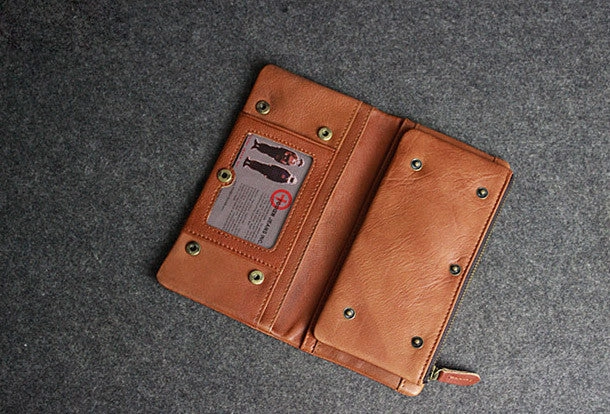 Handmade leather men clutch brown vintage zip clutch men long wallet purse clutch