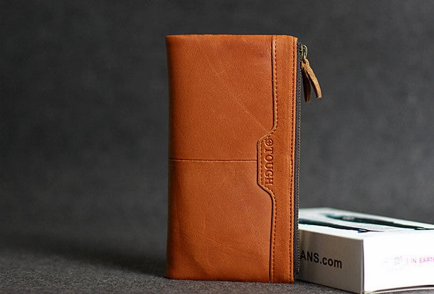 Handmade leather men clutch brown vintage zip clutch men long wallet purse clutch