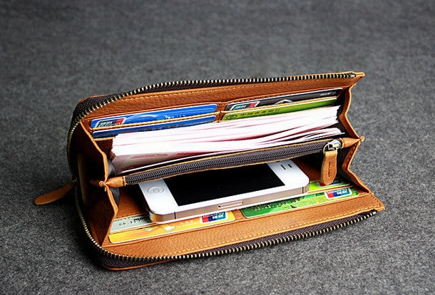 Handmade leather men clutch brown vintage zip clutch men long wallet purse clutch