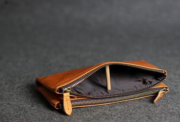 Handmade leather men clutch brown vintage zip clutch men long wallet purse clutch