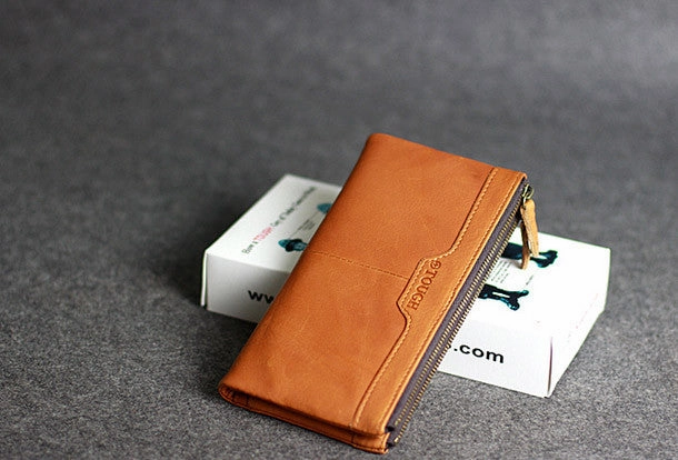 Handmade leather men clutch brown vintage zip clutch men long wallet purse clutch