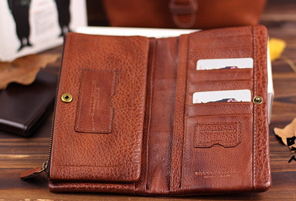 Handmade leather men clutch brown vintage zip clutch men long wallet purse clutch