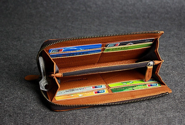 Handmade leather men clutch brown vintage zip clutch men long wallet purse clutch