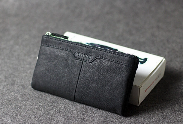 Handmade leather men clutch brown vintage zip clutch men long wallet purse clutch