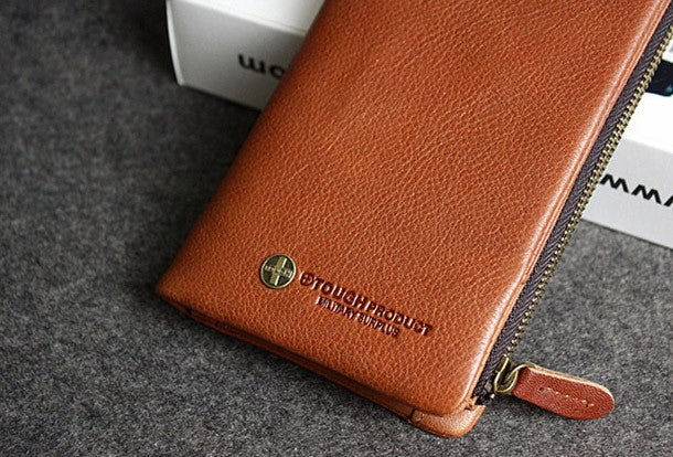 Handmade leather men clutch brown vintage zip clutch men long wallet purse clutch