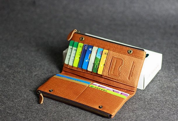 Handmade leather men clutch brown vintage zip clutch men long wallet purse clutch