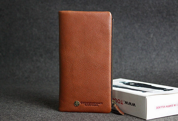Handmade leather men clutch brown vintage zip clutch men long wallet purse clutch