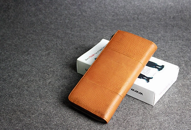 Handmade leather men clutch brown vintage zip clutch men long wallet purse clutch