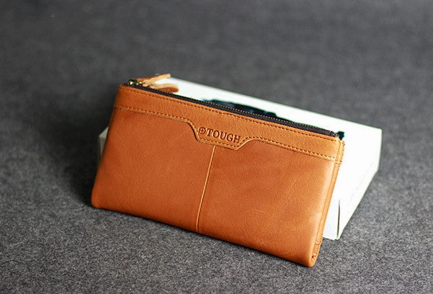Handmade leather men clutch brown vintage zip clutch men long wallet purse clutch