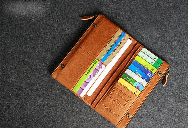 Handmade leather men clutch brown vintage zip clutch men long wallet purse clutch