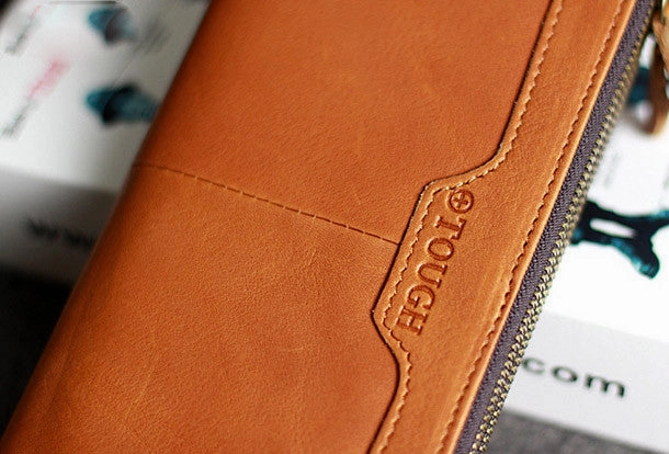 Handmade leather men clutch brown vintage zip clutch men long wallet purse clutch