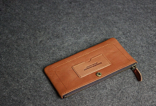 Handmade leather men clutch brown vintage zip clutch men long wallet purse clutch