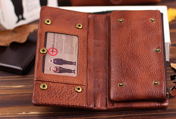 Handmade leather men clutch brown vintage zip clutch men long wallet purse clutch