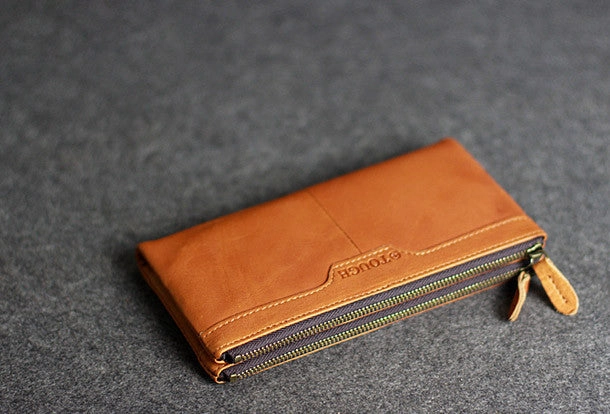 Handmade leather men clutch brown vintage zip clutch men long wallet purse clutch