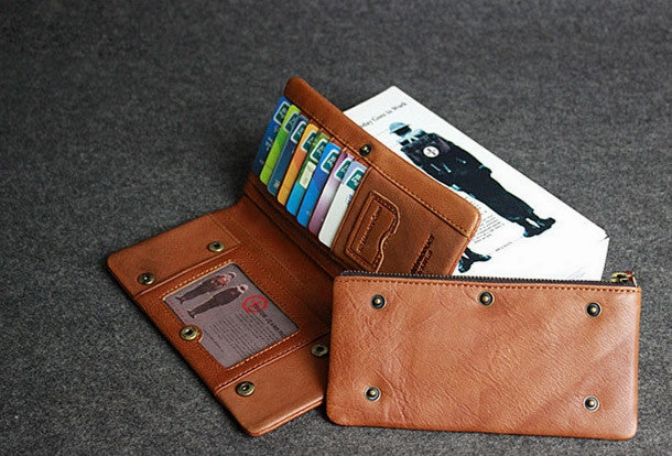 Handmade leather men clutch brown vintage zip clutch men long wallet purse clutch