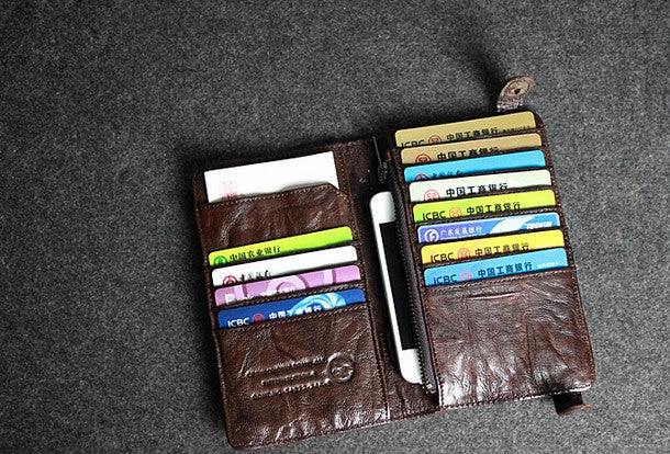 Handmade leather men clutch coffee vintage zip clutch men long wallet purse clutch