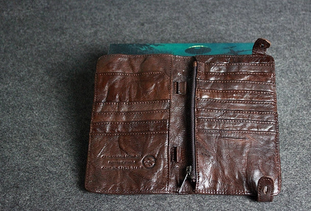 Handmade leather men clutch coffee vintage zip clutch men long wallet purse clutch