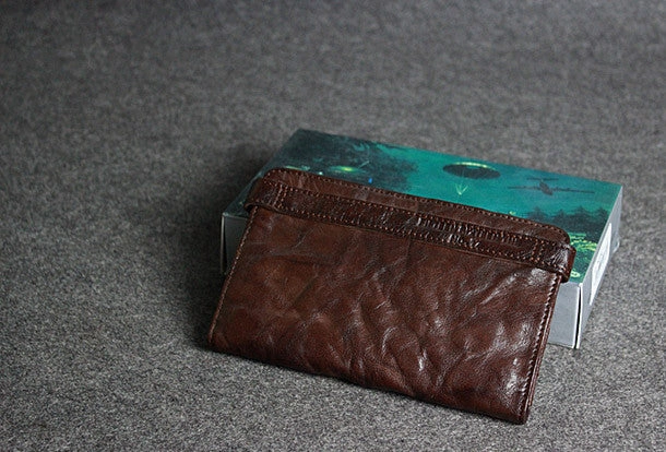 Handmade leather men clutch coffee vintage zip clutch men long wallet purse clutch