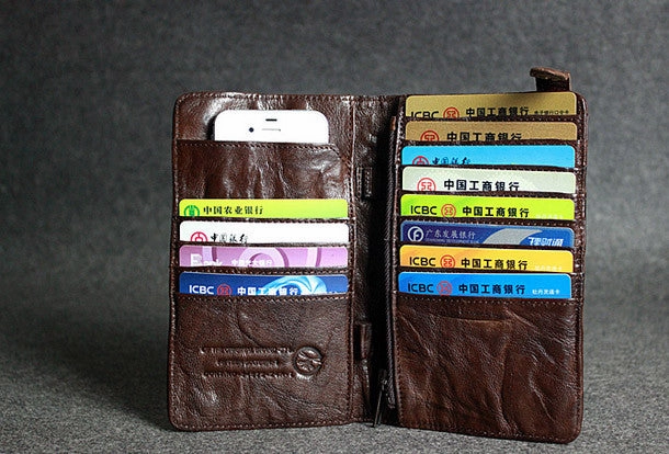 Handmade leather men clutch coffee vintage zip clutch men long wallet purse clutch