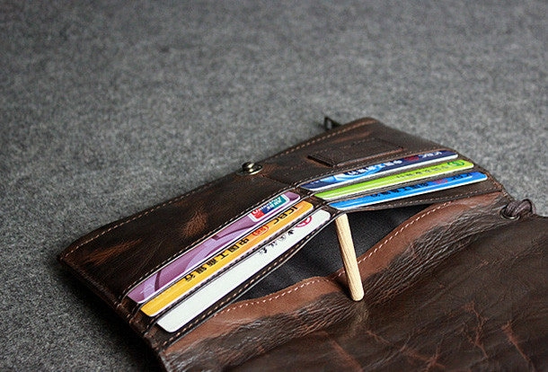 Handmade leather men long wallet clutch black coffee vintage zip clutch men purse