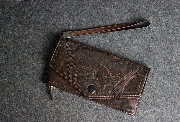 Handmade leather men long wallet clutch black coffee vintage zip clutch men purse