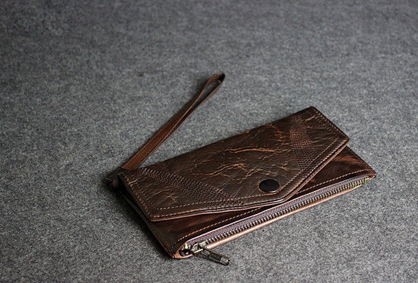 Handmade leather men long wallet clutch black coffee vintage zip clutch men purse