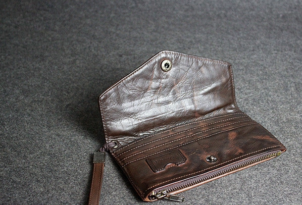 Handmade leather men long wallet clutch black coffee vintage zip clutch men purse