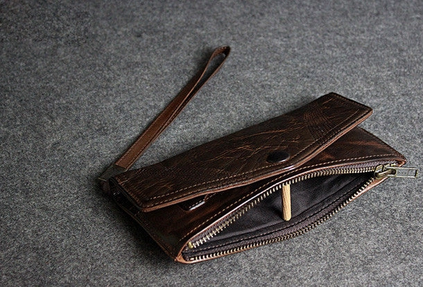 Handmade leather men long wallet clutch black coffee vintage zip clutch men purse