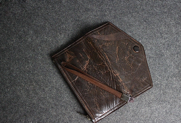 Handmade leather men long wallet clutch black coffee vintage zip clutch men purse