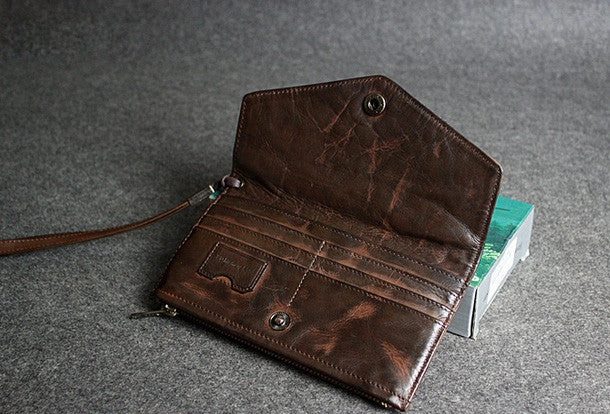 Handmade leather men long wallet clutch black coffee vintage zip clutch men purse