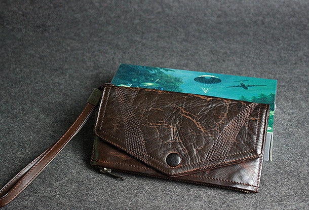 Handmade leather men long wallet clutch black coffee vintage zip clutch men purse