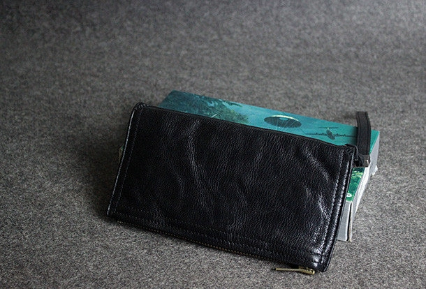Handmade leather men long wallet clutch black coffee vintage zip clutch men purse