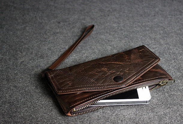 Handmade leather men long wallet clutch black coffee vintage zip clutch men purse