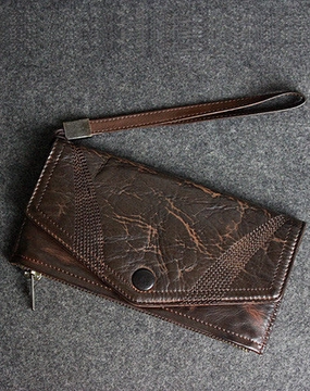Handmade leather men long wallet clutch black coffee vintage zip clutch men purse