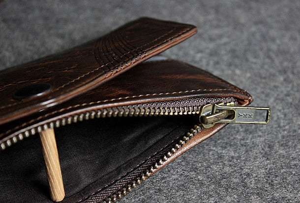 Handmade leather men long wallet clutch black coffee vintage zip clutch men purse