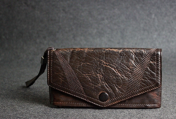Handmade leather men long wallet clutch black coffee vintage zip clutch men purse