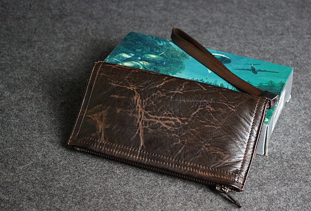 Handmade leather men long wallet clutch black coffee vintage zip clutch men purse