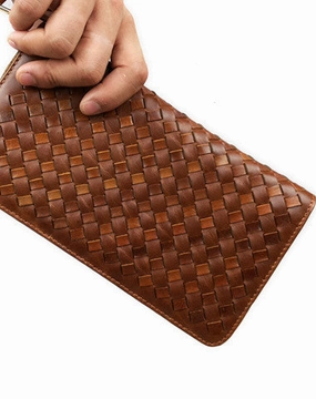 Handmade leather men modern brown coffee weave zip clutch men long wallet purse