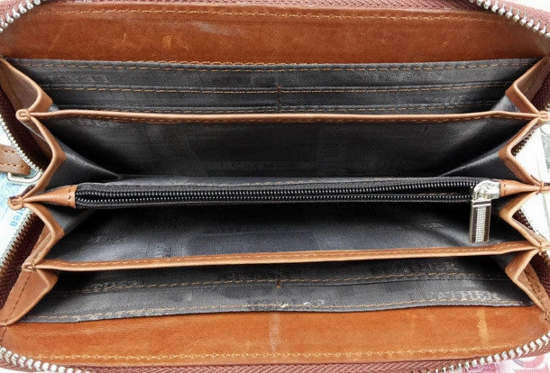 Handmade leather men modern brown coffee weave zip clutch men long wallet purse
