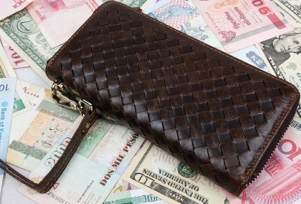 Handmade leather men modern brown coffee weave zip clutch men long wallet purse