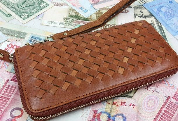 Handmade leather men modern brown coffee weave zip clutch men long wallet purse