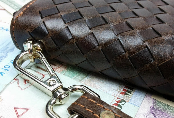 Handmade leather men modern brown coffee weave zip clutch men long wallet purse
