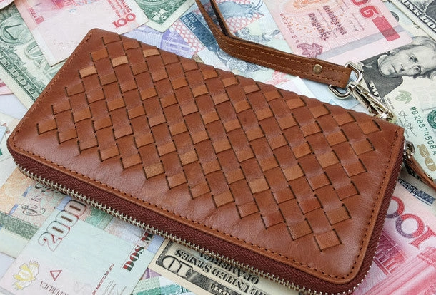 Handmade leather men modern brown coffee weave zip clutch men long wallet purse