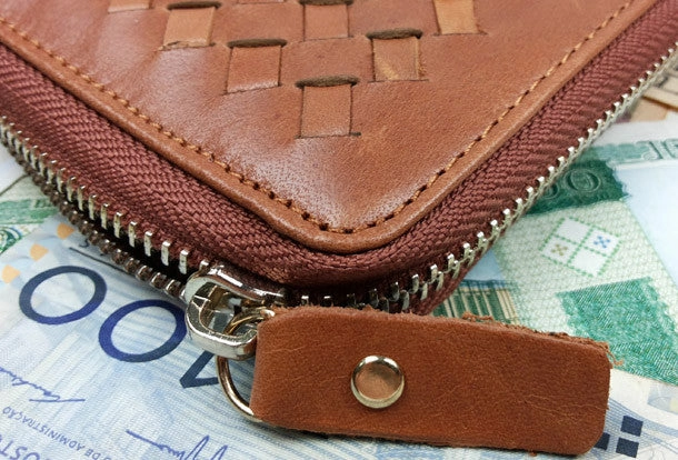 Handmade leather men modern brown coffee weave zip clutch men long wallet purse