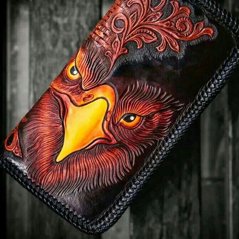 Handmade Leather Men Tooled Eagle Cool Leather Wallets Long Clutch Wallets for Men