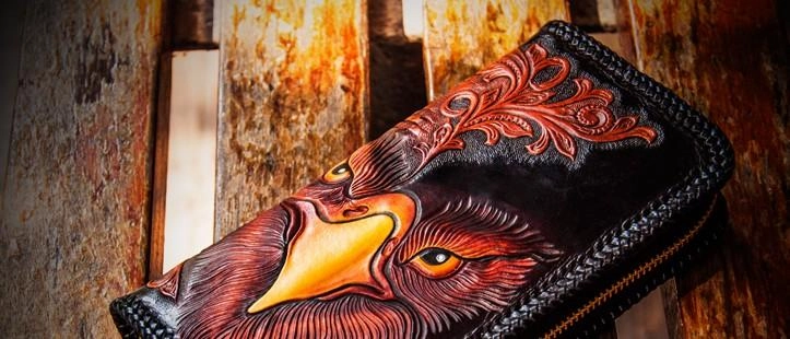 Handmade Leather Men Tooled Eagle Cool Leather Wallets Long Clutch Wallets for Men