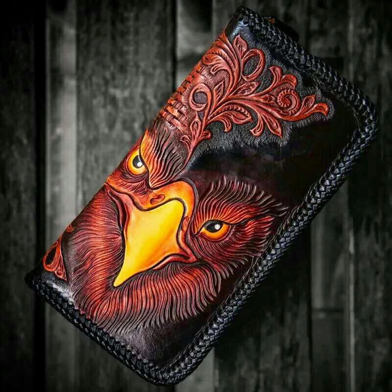 Handmade Leather Men Tooled Eagle Cool Leather Wallets Long Clutch Wallets for Men