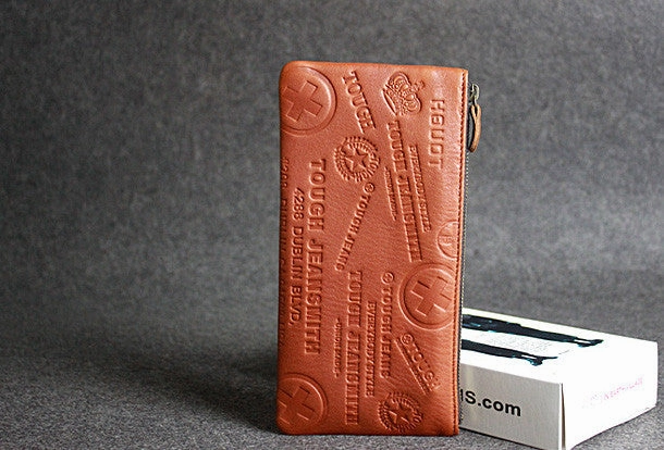 Handmade leather men wallet clutch brown vintage zip men long wallet purse clutch