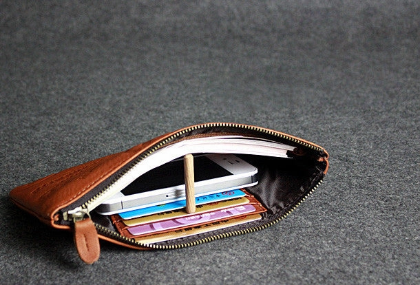 Handmade leather men wallet clutch brown vintage zip men long wallet purse clutch